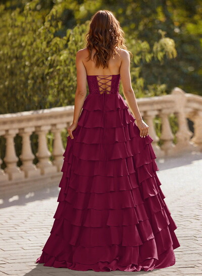 A-Line Sweetheart Sweep Train Stretch Satin Prom Dresses With Cascading Ruffles/Lace/Tiered