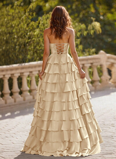 A-Line Sweetheart Sweep Train Stretch Satin Prom Dresses With Cascading Ruffles/Lace/Tiered