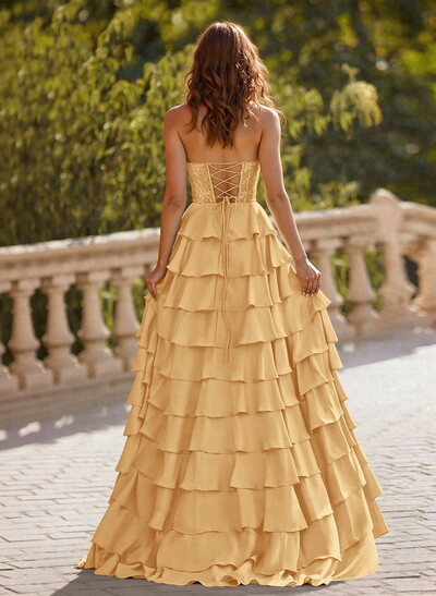 A-Line Sweetheart Sweep Train Stretch Satin Prom Dresses With Cascading Ruffles/Lace/Tiered