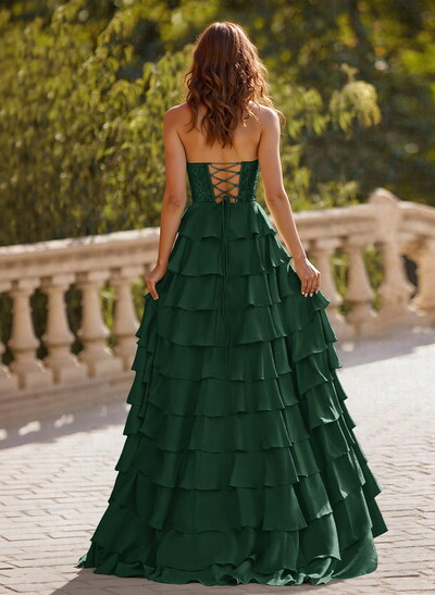 A-Line Sweetheart Sweep Train Stretch Satin Prom Dresses With Cascading Ruffles/Lace/Tiered