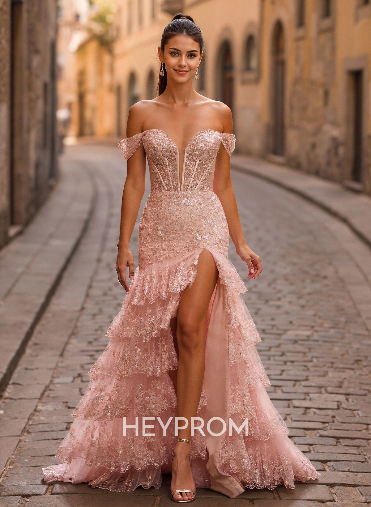 Luxury Trumpet/Mermaid Off-The-Shoulder Court Train Lace/Tulle Prom Dresses With Cascading Ruffles/Lace