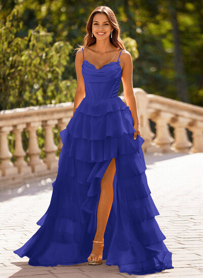 Dreamy Sweetheart Tiered A-Line High Split Floor-Length Chiffon Prom Dresses