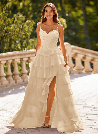 Dreamy Sweetheart Tiered A-Line High Split Floor-Length Chiffon Prom Dresses