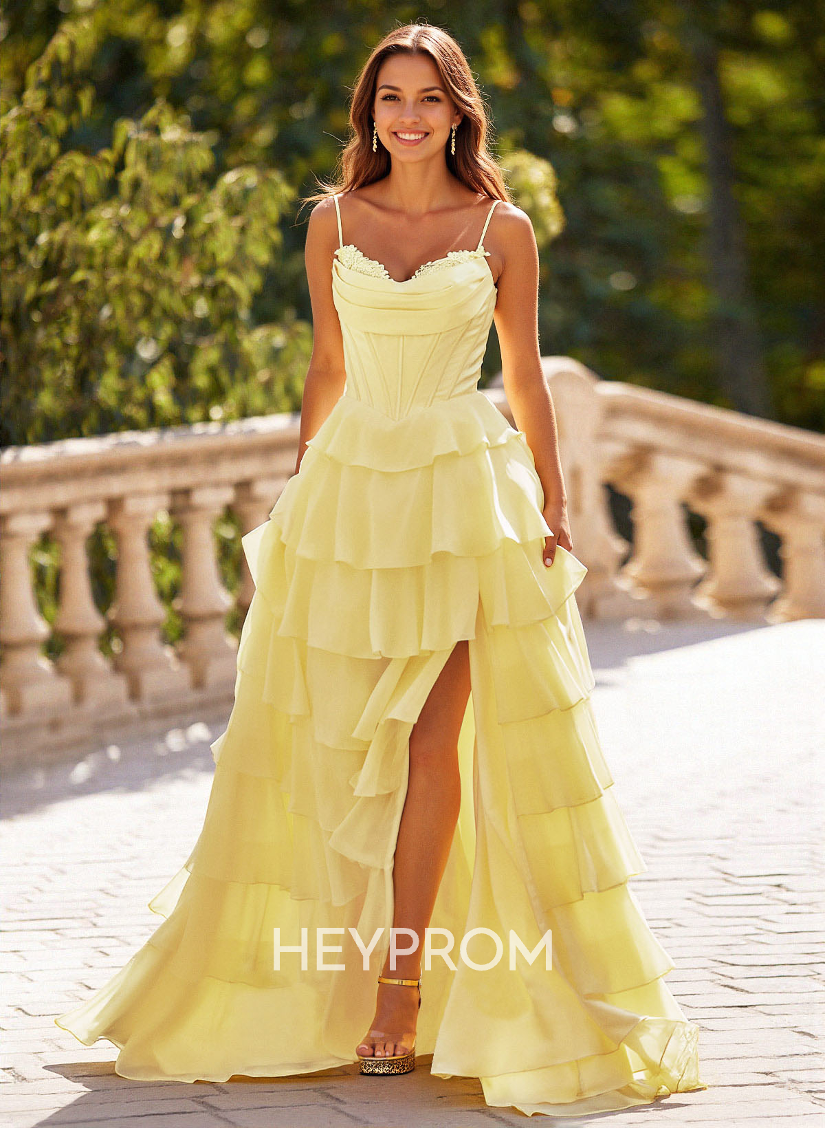 Dreamy Sweetheart Tiered A-Line High Split Floor-Length Chiffon Prom Dresses