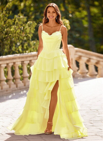 Dreamy Sweetheart Tiered A-Line High Split Floor-Length Chiffon Prom Dresses