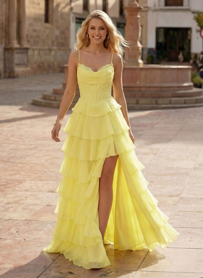 Dreamy Sweetheart Tiered A-Line High Split Floor-Length Chiffon Prom Dresses
