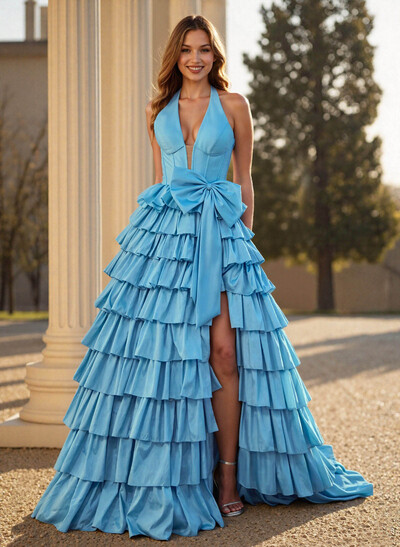 Unique Halter Bow(s) High Split Tiered A-Line Sweep Train Taffeta Prom Dresses