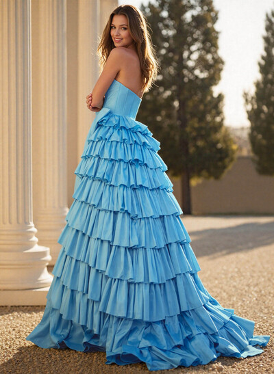 Unique Halter Bow(s) High Split Tiered A-Line Sweep Train Taffeta Prom Dresses