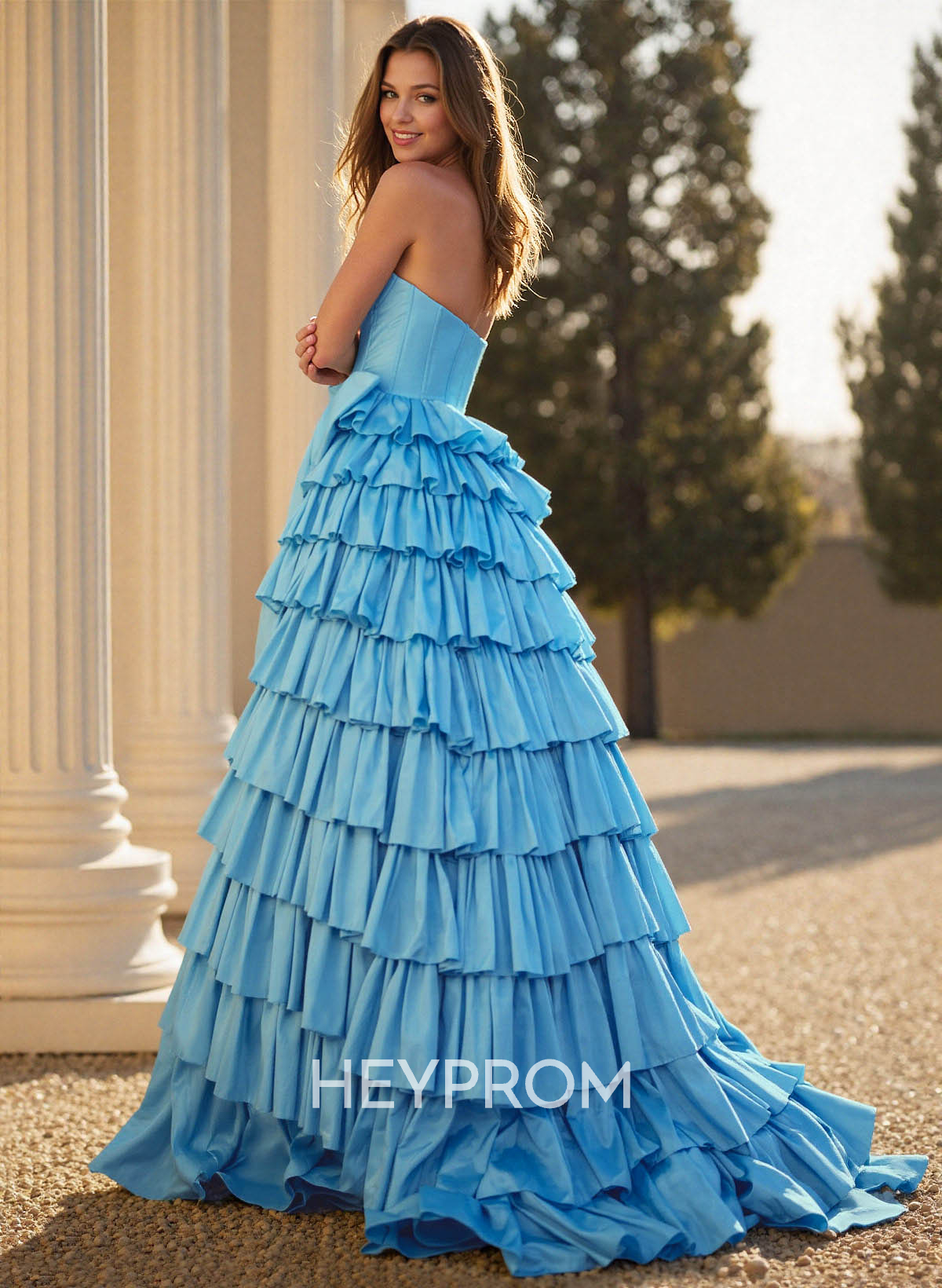 Unique Halter Bow(s) High Split Tiered A-Line Sweep Train Taffeta Prom Dresses