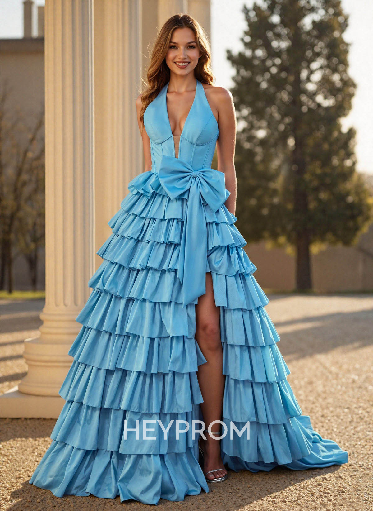 Unique Halter Bow(s) High Split Tiered A-Line Sweep Train Taffeta Prom Dresses
