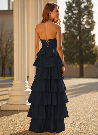 Elegant Tiered A-Line Floor-Length Crepe Satin Prom Dresses With High Split
