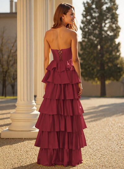 Elegant Tiered A-Line Floor-Length Crepe Satin Prom Dresses With High Split
