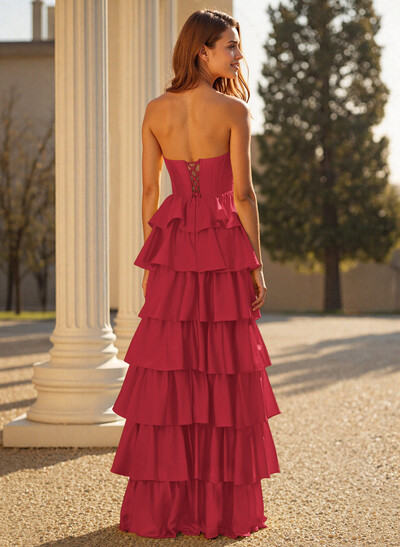 Elegant Tiered A-Line Floor-Length Crepe Satin Prom Dresses With High Split