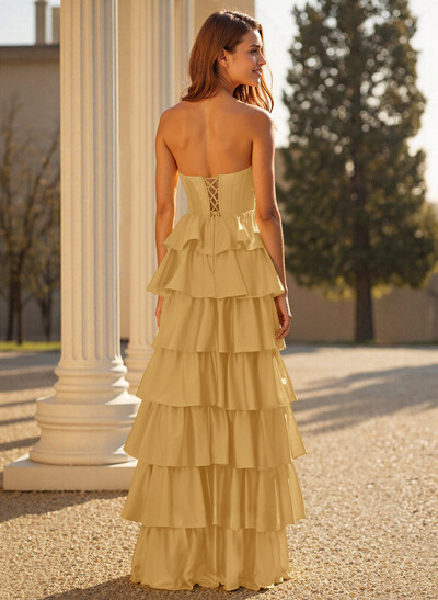 Elegant Tiered A-Line Floor-Length Crepe Satin Prom Dresses With High Split
