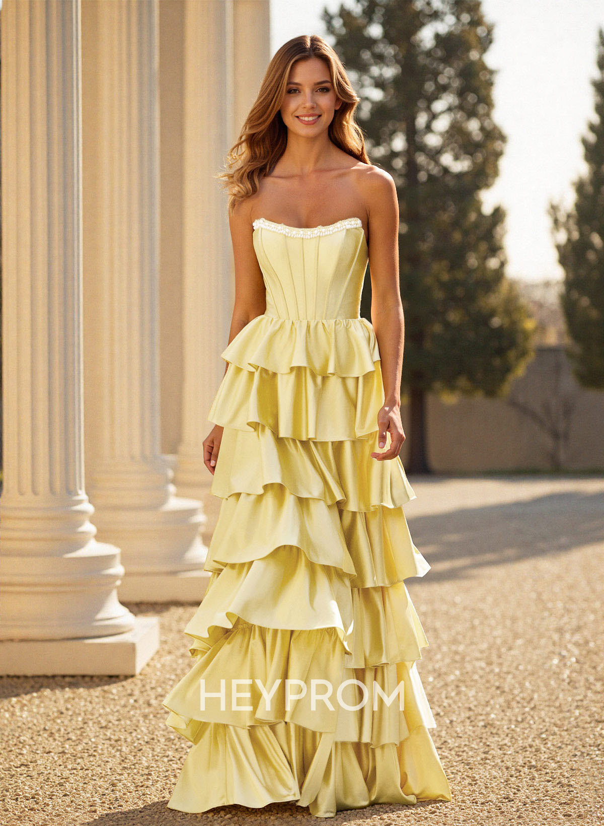 Elegant Tiered A-Line Floor-Length Crepe Satin Prom Dresses With High Split