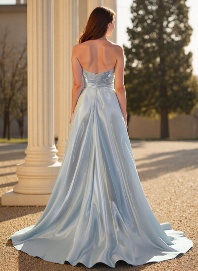 Sparkle & Shine A-Line Strapless Court Train Liquid Satin Prom Dresses With Pleated