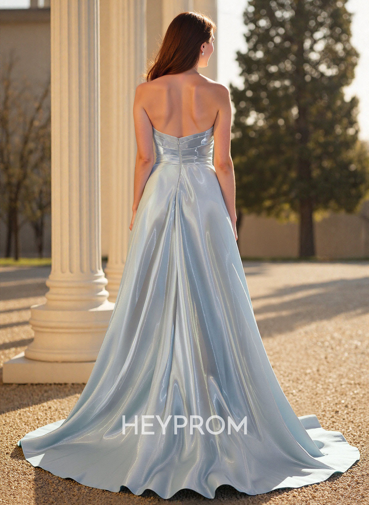 Sparkle & Shine A-Line Strapless Court Train Liquid Satin Prom Dresses With Pleated