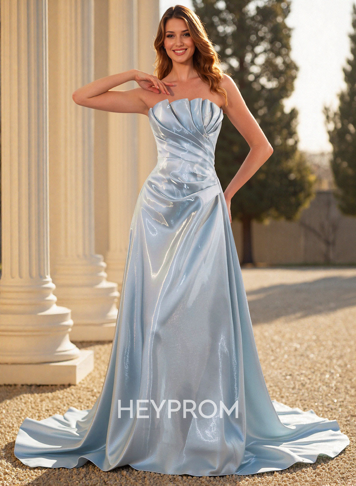 Sparkle & Shine A-Line Strapless Court Train Liquid Satin Prom Dresses With Pleated