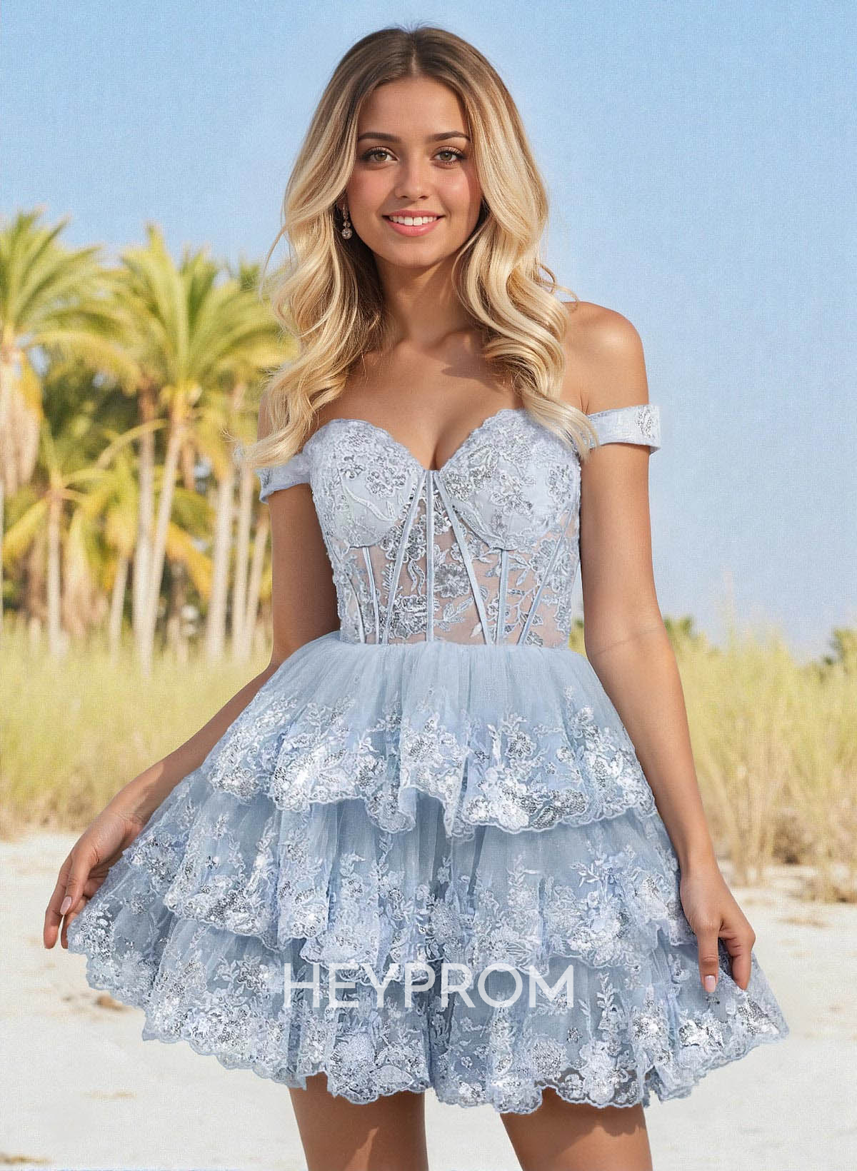 Sweetheart Off-The-Shoulder A-Line Tiered Short/Mini Tulle Homecoming Dresses