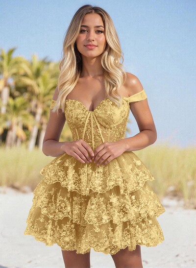 Sweetheart Off-The-Shoulder A-Line Tiered Short/Mini Tulle Homecoming Dresses