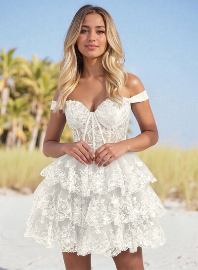 Sweetheart Off-The-Shoulder A-Line Tiered Short/Mini Tulle Homecoming Dresses
