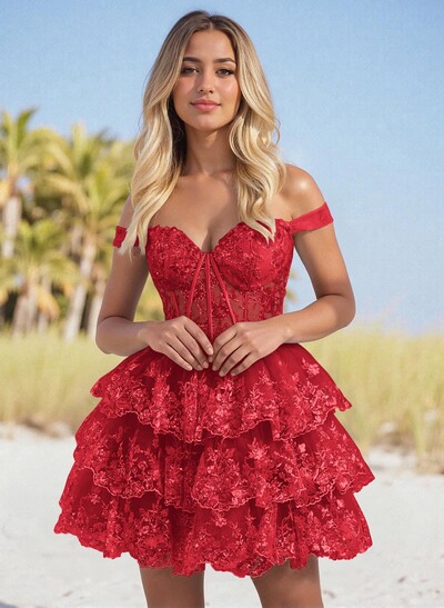Sweetheart Off-The-Shoulder A-Line Tiered Short/Mini Tulle Homecoming Dresses