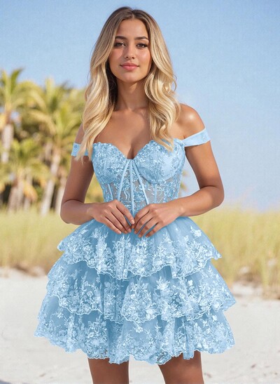 Sweetheart Off-The-Shoulder A-Line Tiered Short/Mini Tulle Homecoming Dresses
