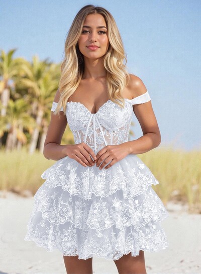 Sweetheart Off-The-Shoulder A-Line Tiered Short/Mini Tulle Homecoming Dresses