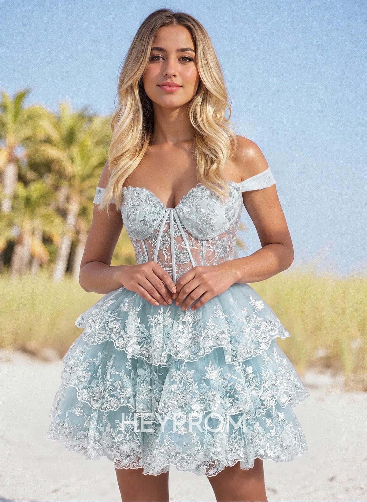 Sweetheart Off-The-Shoulder A-Line Tiered Short/Mini Tulle Homecoming Dresses