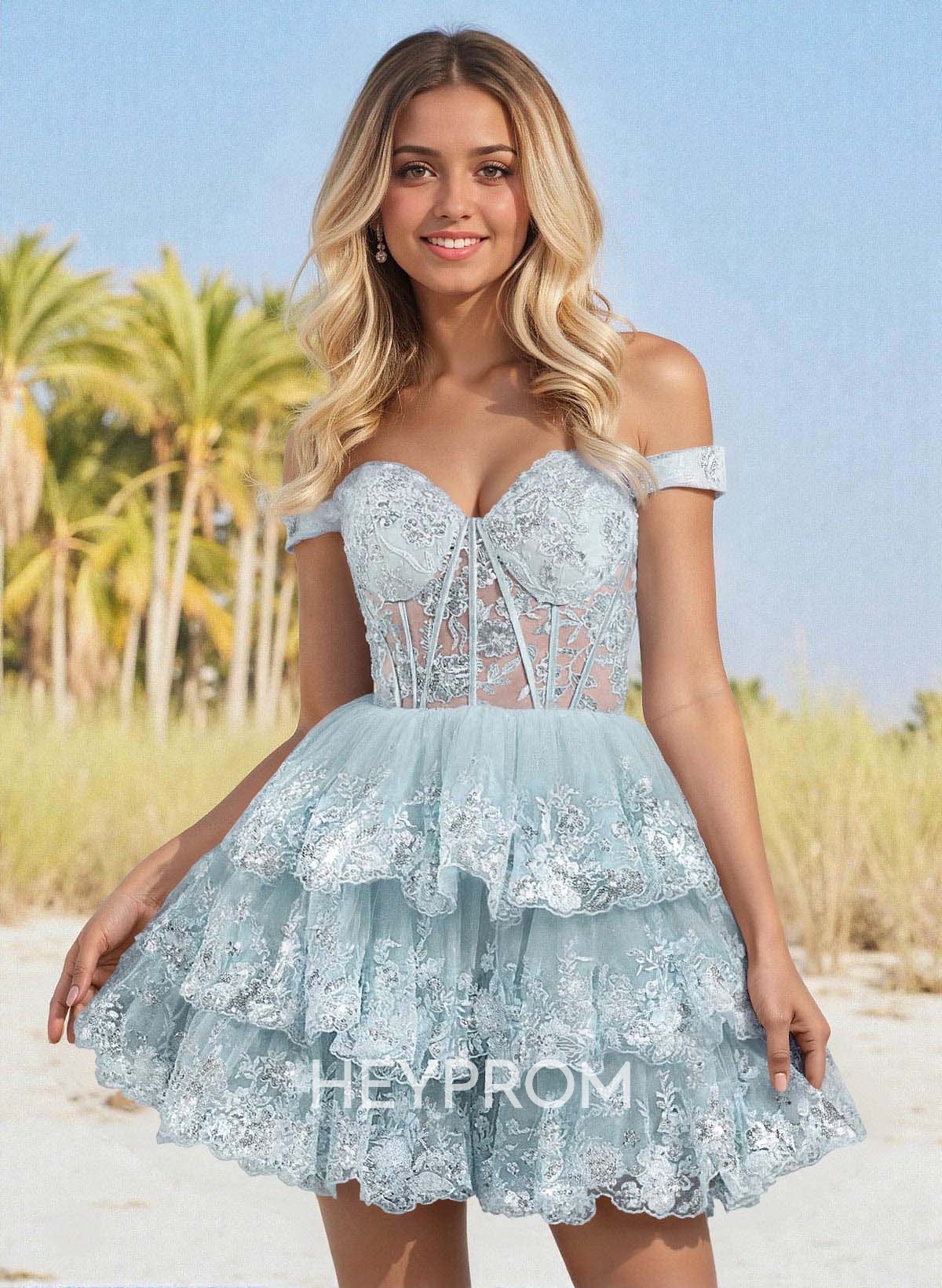 Sweetheart Off-The-Shoulder A-Line Tiered Short/Mini Tulle Homecoming Dresses