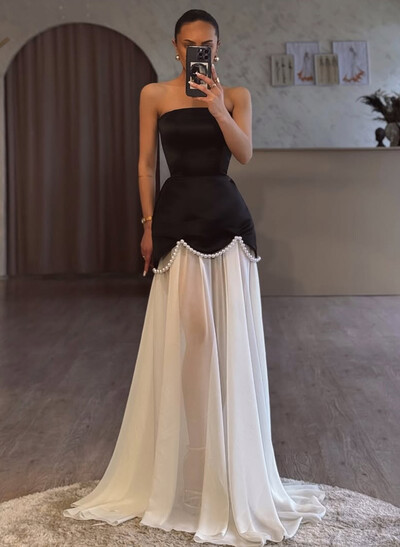 Elegant A-Line Sweep Train Chiffon/Matte Satin Prom Dresses With Beading