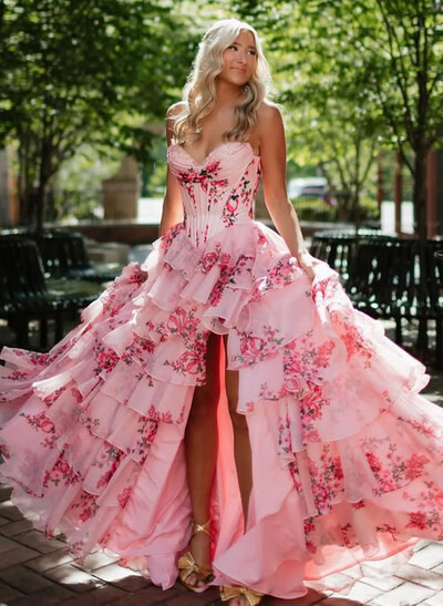 Dreamy Sweetheart Corset A-Line Tiered High Split Sweep Train Prom Dresses