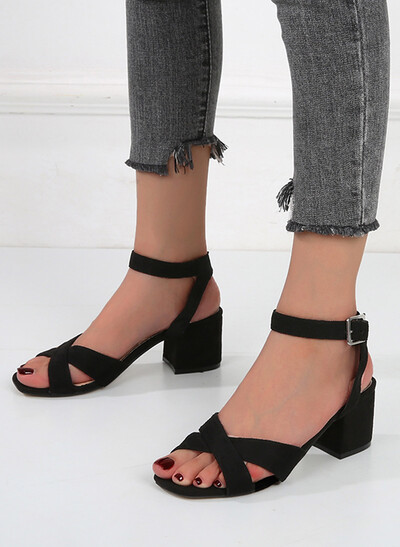 Open Toe Buckle Suede Chunky Heel Shoes