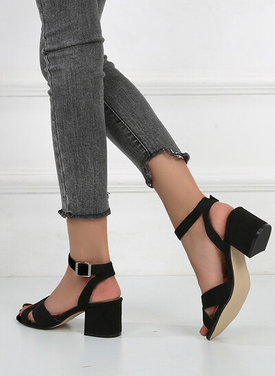 Open Toe Buckle Suede Chunky Heel Shoes