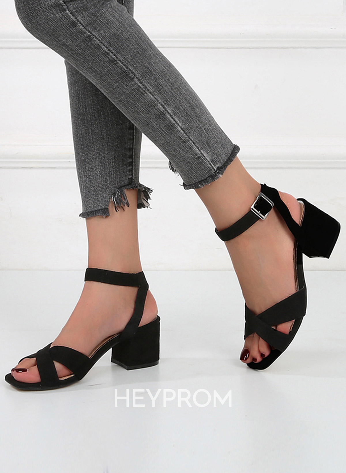 Open Toe Buckle Suede Chunky Heel Shoes