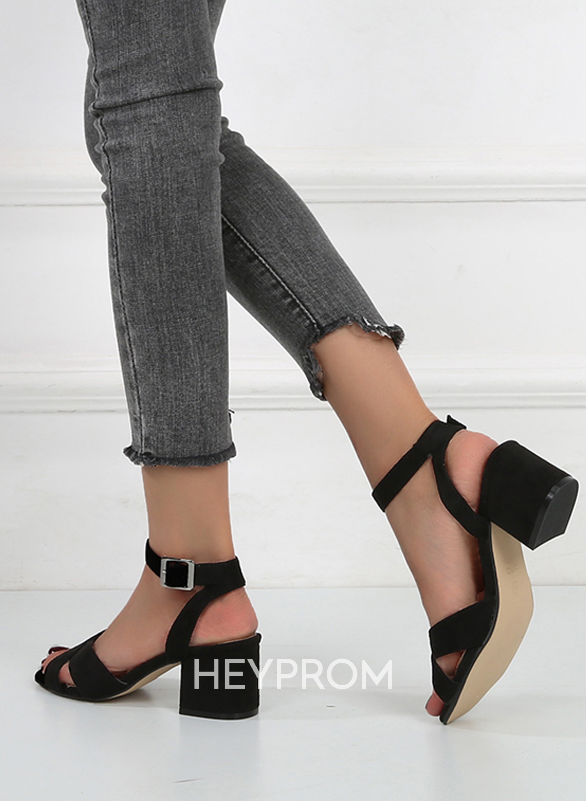 Open Toe Buckle Suede Chunky Heel Shoes