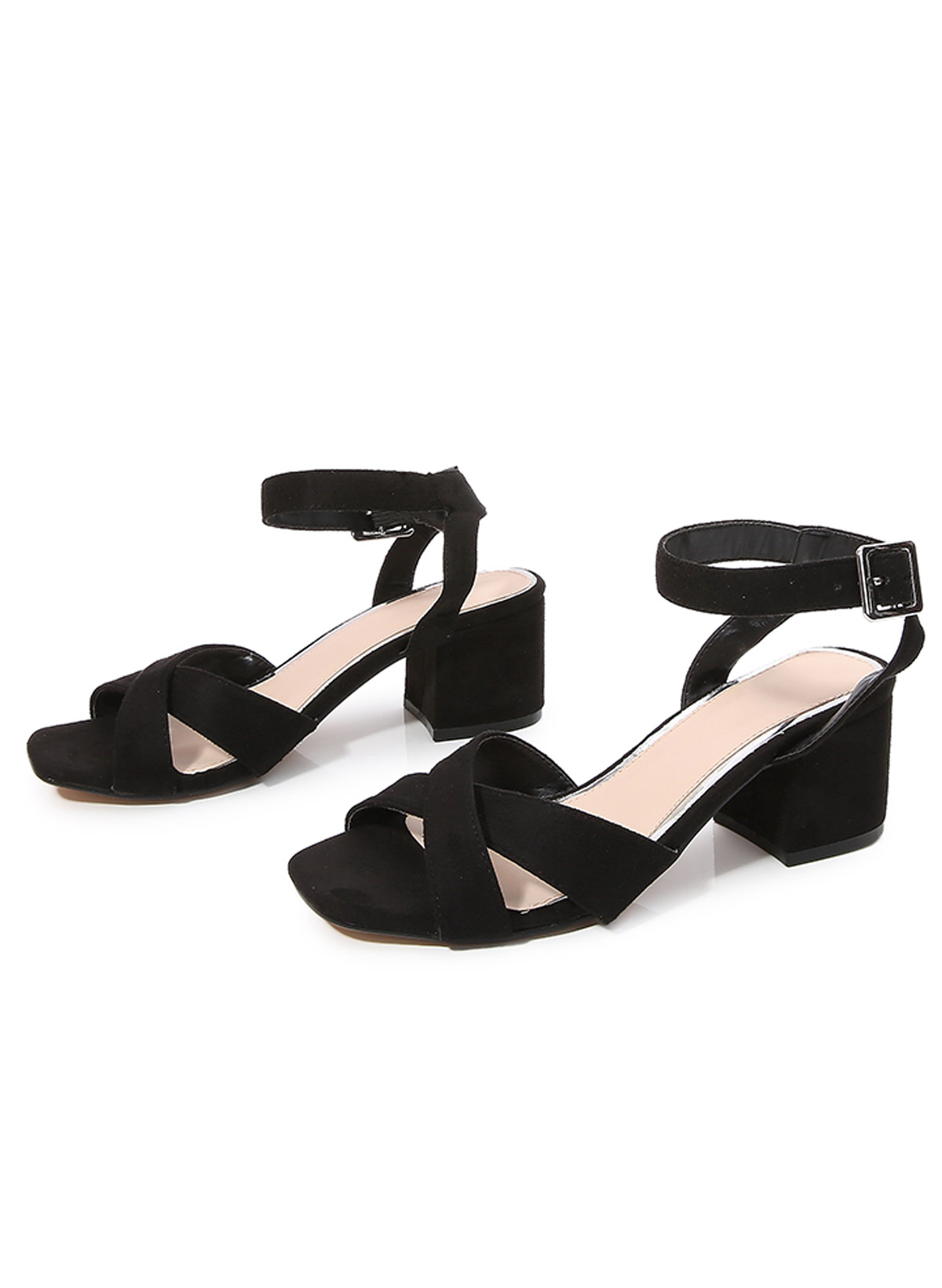 Open Toe Buckle Suede Chunky Heel Shoes