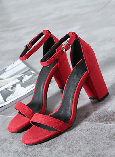 Open Toe Buckle Suede Chunky Heel Shoes