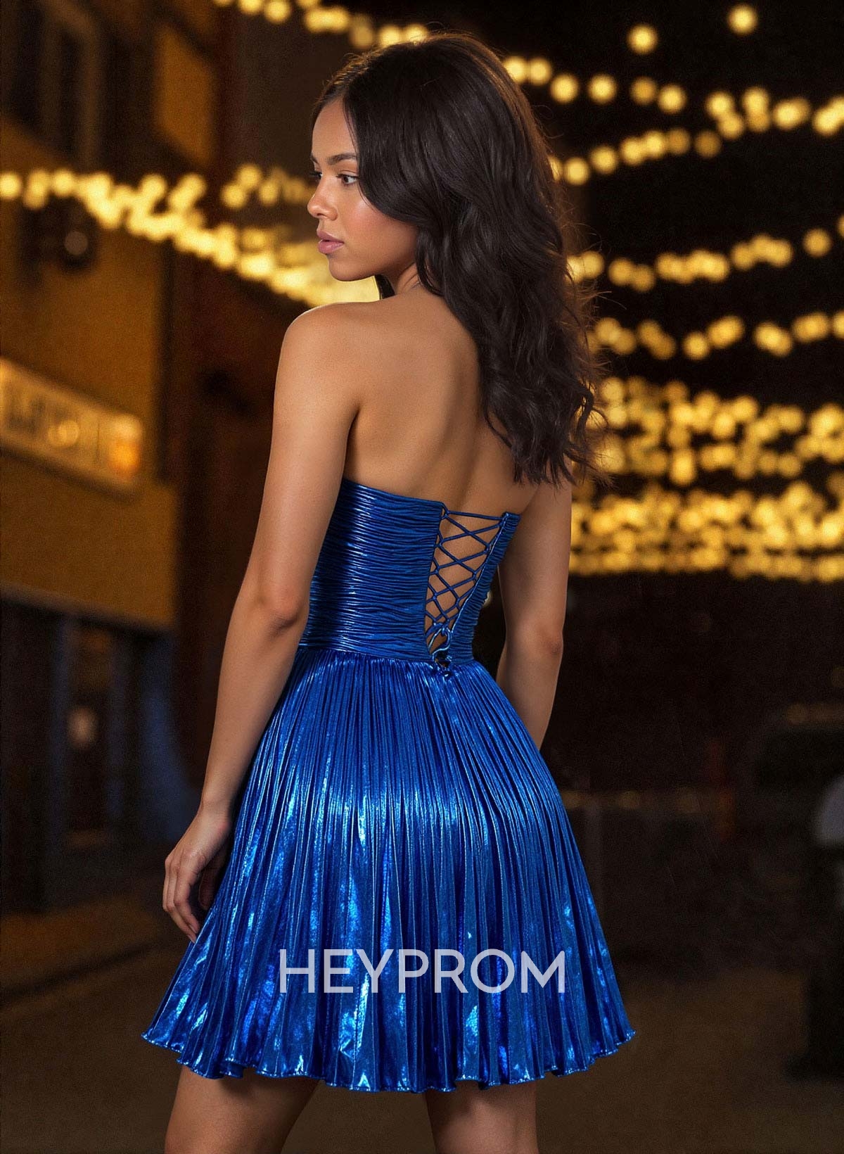 Sparkle & Shine Pleated Sweetheart Short A-Line Metallic Lame Homecoming Dresses With Pleated