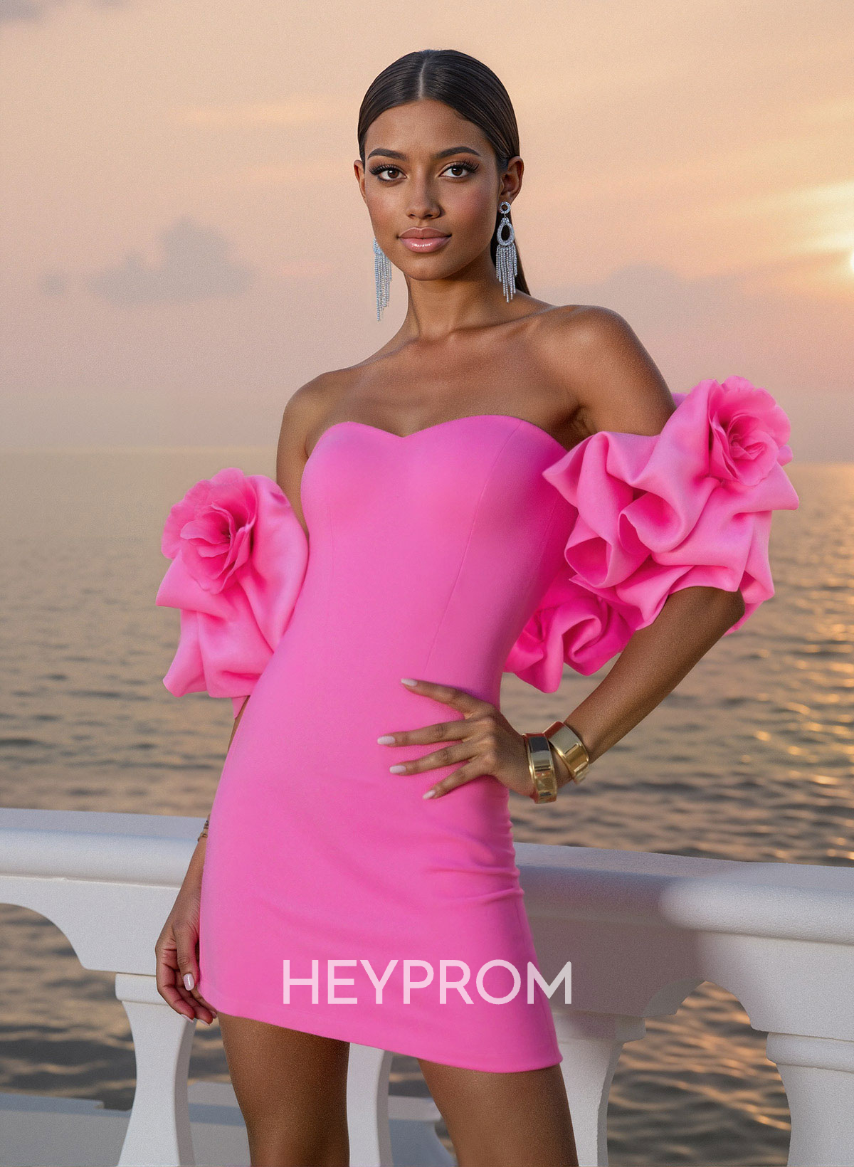 Sheath/Column Strapless Detachable Short/Mini Elastic Satin Homecoming Dresses With Flower(s)