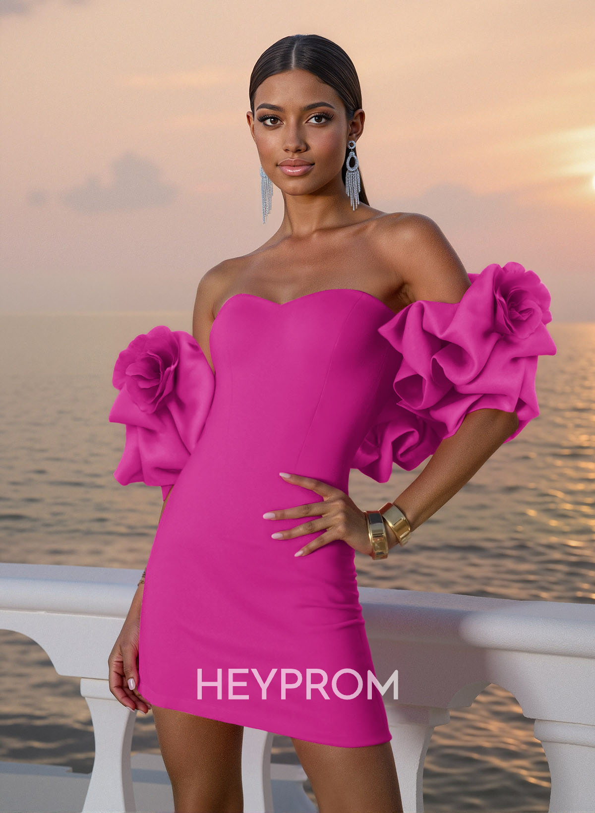 Sheath/Column Strapless Detachable Short/Mini Elastic Satin Homecoming Dresses With Flower(s)