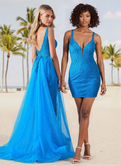 Sheath/Column V-Neck Short/Mini Lace/Elastic Satin Homecoming Dresses With Overskirt Dress