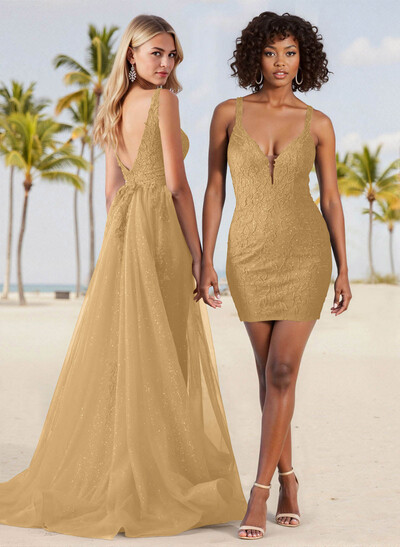 Sheath/Column V-Neck Short/Mini Lace/Elastic Satin Homecoming Dresses With Overskirt Dress