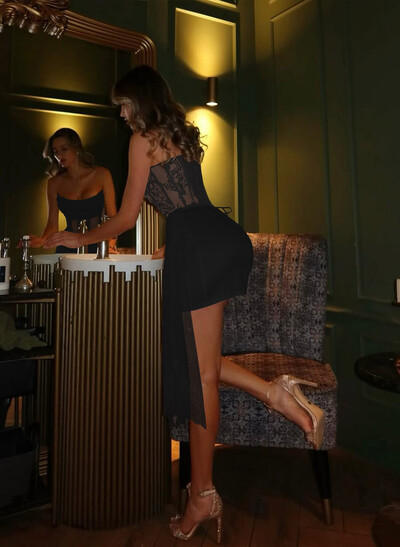 Sheath/Column Strapless Short/Mini Matte Satin Homecoming Dresses With Sweeping Side Drape