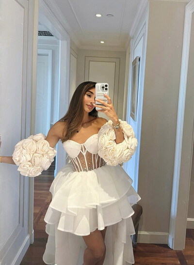 A-Line Strapless Detachable Sleeves Short/Mini Homecoming Dresses With Cascading Ruffles