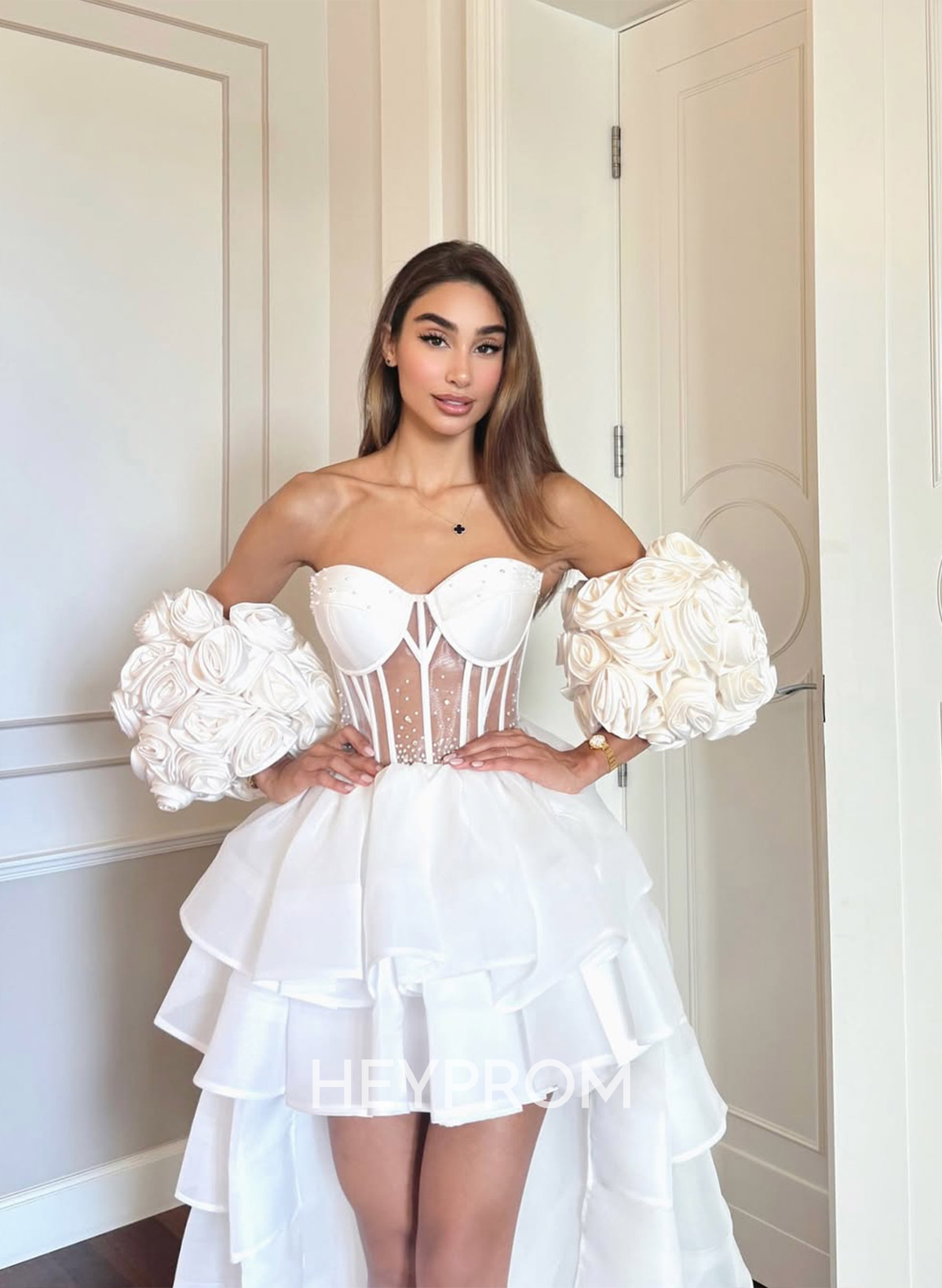 A-Line Strapless Detachable Sleeves Short/Mini Homecoming Dresses With Cascading Ruffles