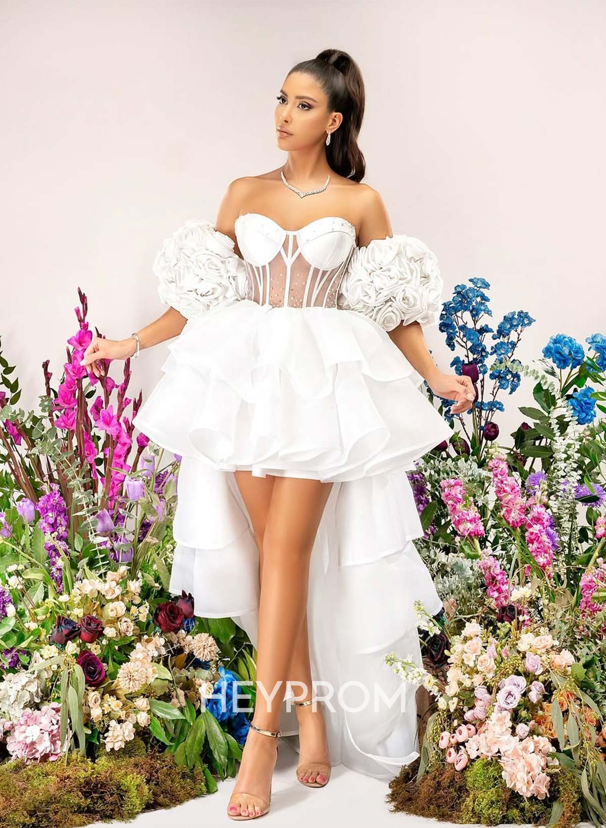A-Line Strapless Detachable Sleeves Short/Mini Homecoming Dresses With Cascading Ruffles