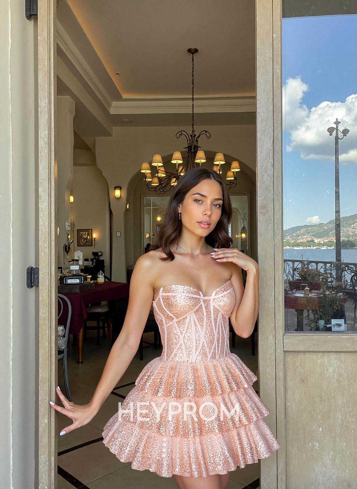 Sparkle & Shine Sweetheart Corset Short/Mini Tiered A-Line Sequined Homecoming Dresses