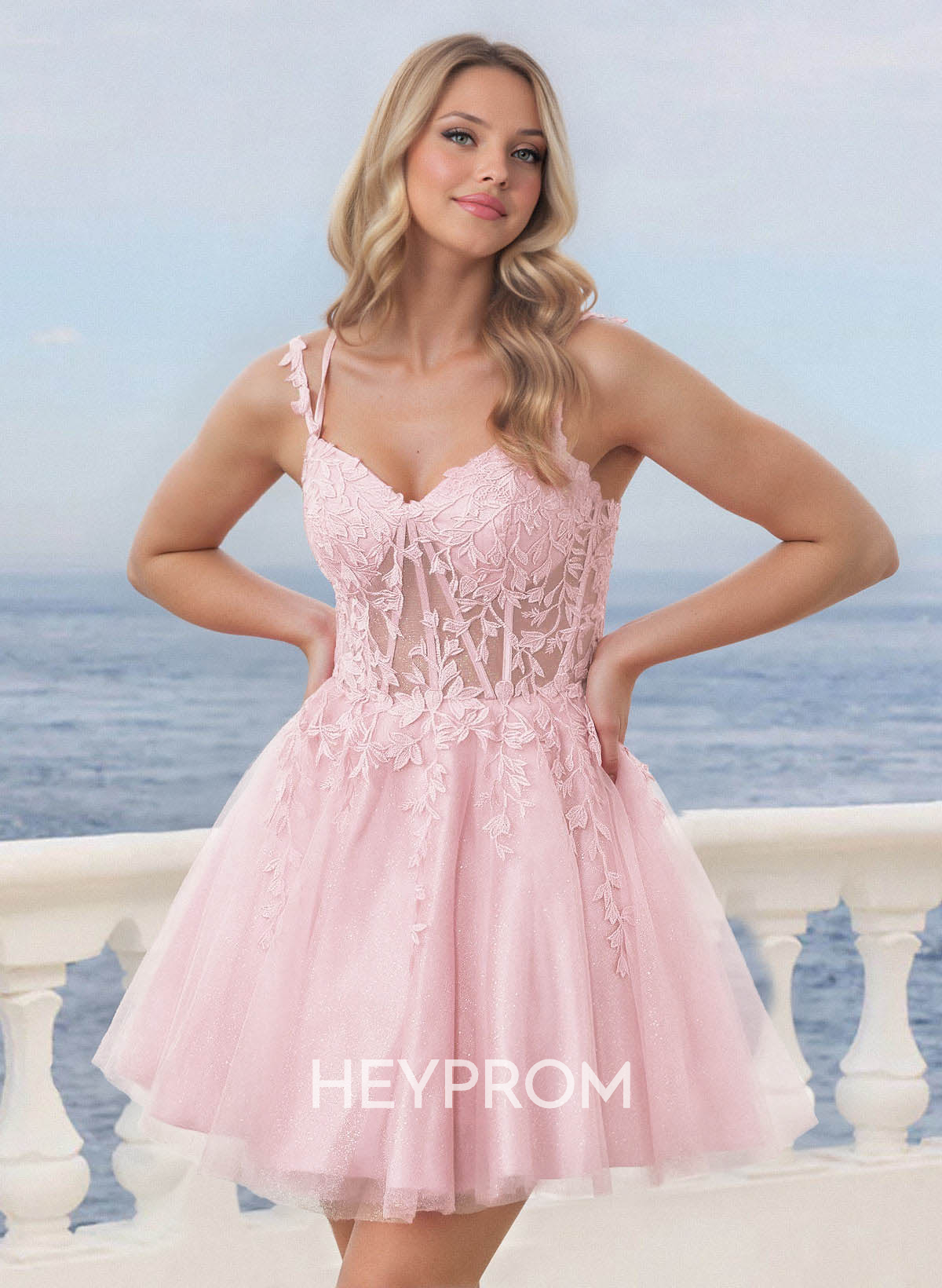 Shine Lace V-Neck Spaghetti Straps Corset A-Line Short/Mini Satin/Tulle Homecoming Dresses