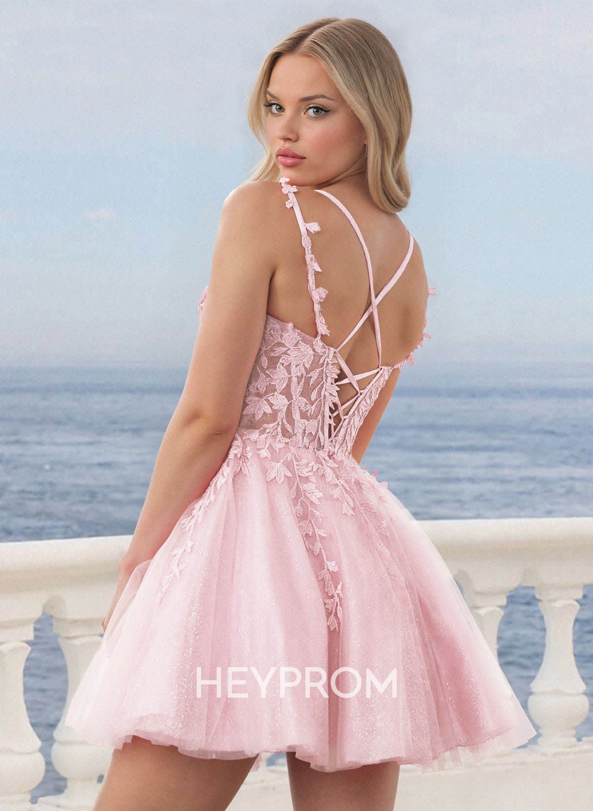 Shine Lace V-Neck Spaghetti Straps Corset A-Line Short/Mini Satin/Tulle Homecoming Dresses